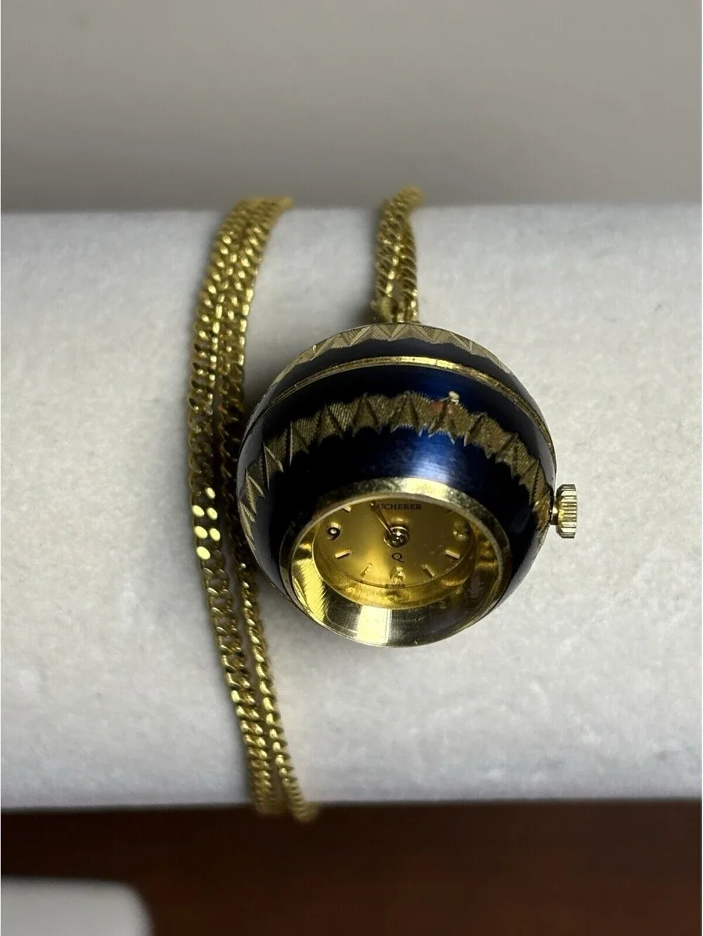 Vtg Bucherer Swiss Blue Enamel Orb Ball Pendant Watch Gold Tone Dial Running